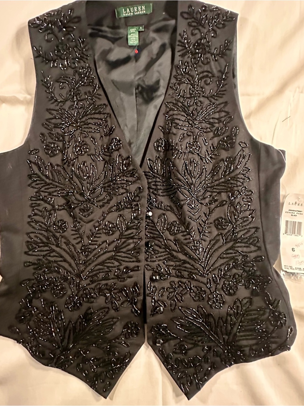 Lauren Ralph Black Beaded Embroidered beaded, elegant, black tie V-Neck Vest